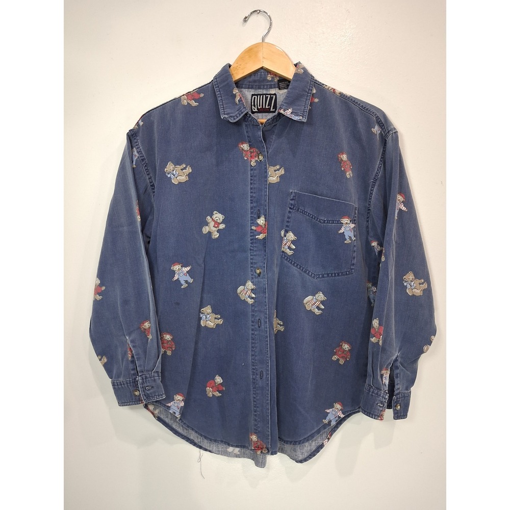 Quizz New York Vintage 90s Teddy Bear Print Denim Shirt Blue Women Size M Cotton